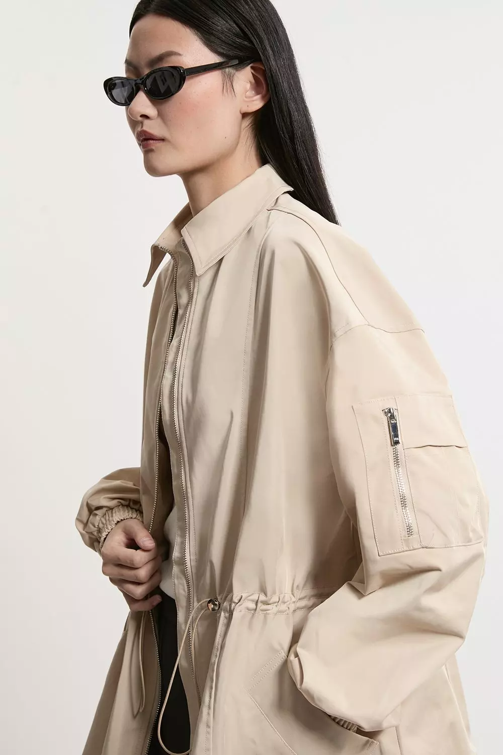 Drawstring Waist Collared Zip Through Mid Length Jacket