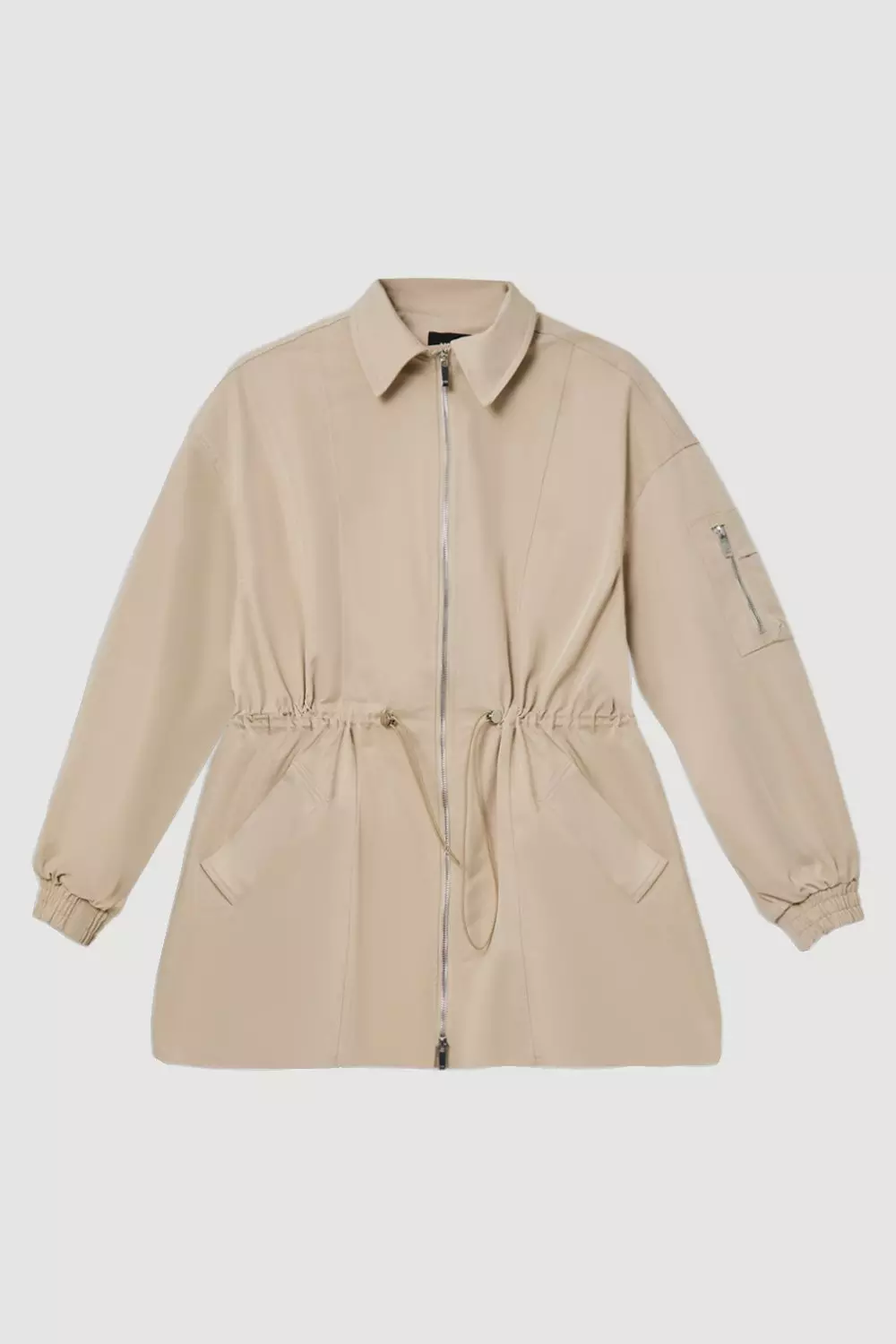 Drawstring Waist Collared Zip Through Mid Length Jacket