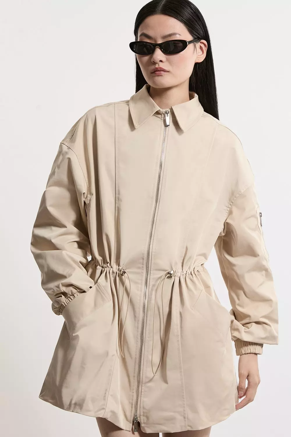 Drawstring Waist Collared Zip Through Mid Length Jacket