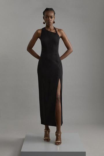 Black Compact Stretch Viscose Asymmetric Strap Tailored Midi Dress