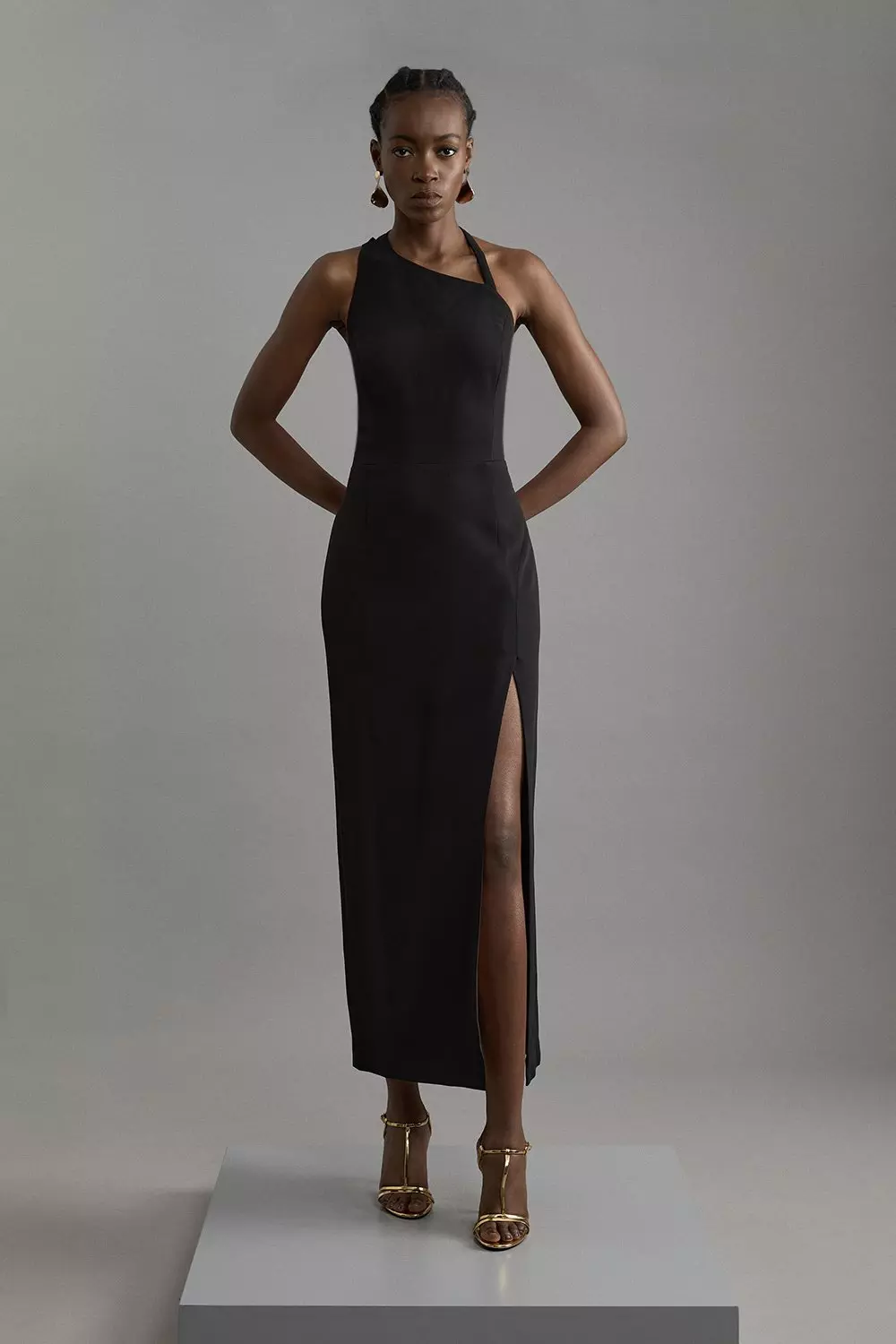 Compact Stretch Viscose Asymmetric Strap Tailored Midi Dress