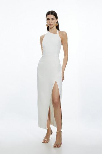 Compact Stretch Viscose Embellished Asymmetric Strap Tailored Midi Dress ivory