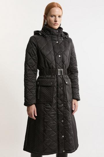 Black Quilted Hooded Longline Coat