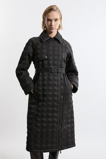 Quilted Belted Longline Trench Coat black