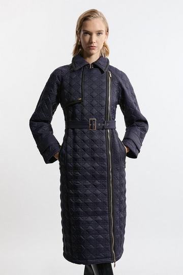 Navy Quilted Belted Longline Trench Coat