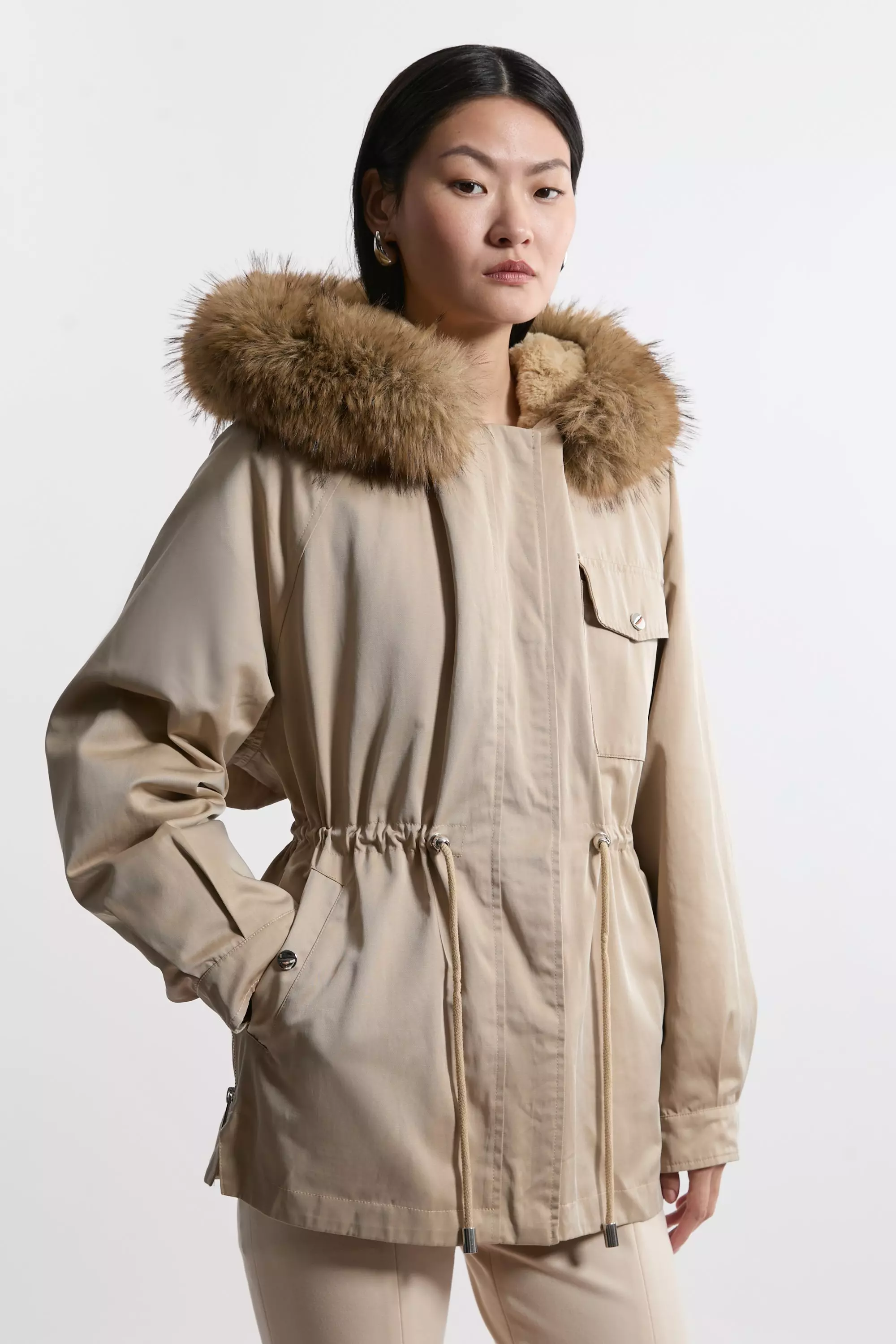 Karen Millen Womens Faux Fur Lined Hooded Parka Coat Camel Size 12