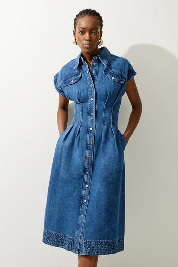 Blue Denim Button Through Darted Waist Midaxi Shirt Dress