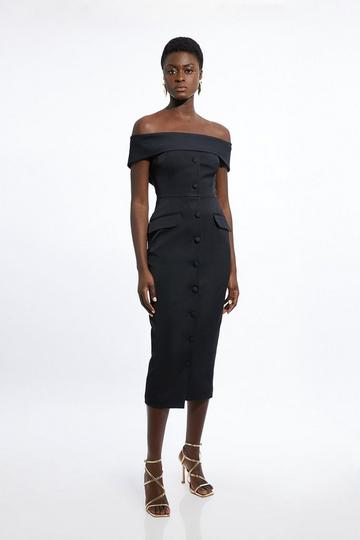 Black Italian Structured Rib Bardot Button Through Tailored Midi Dress