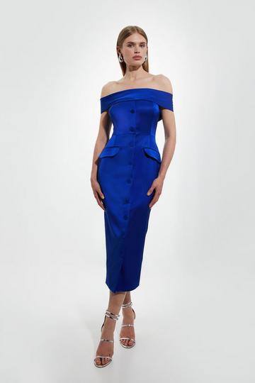 Blue Italian Structured Rib Bardot Button Through Tailored Midi Dress