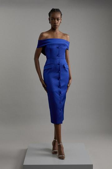 Italian Structured Rib Bardot Button Through Tailored Midi Dress cobalt