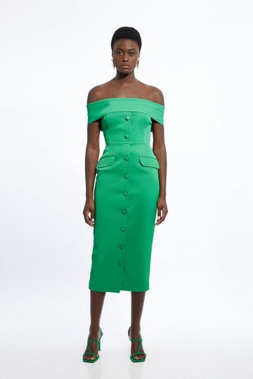 Green Italian Structured Rib Bardot Button Through Tailored Midi Dress