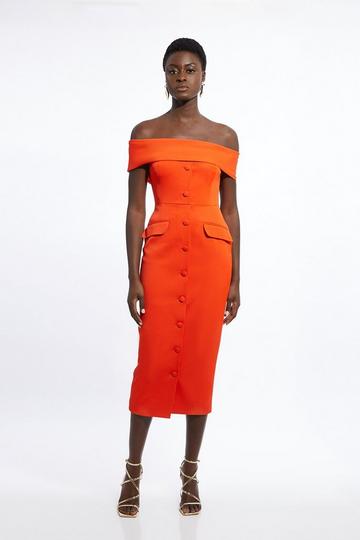 Orange Italian Structured Rib Bardot Button Through Tailored Midi Dress