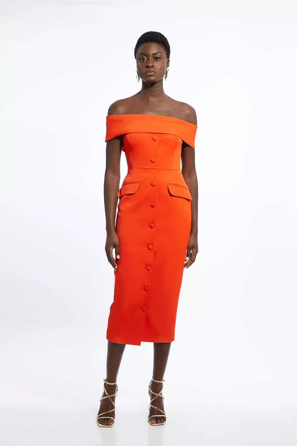 Italian Structured Rib Bardot Button Through Tailored Midi Dress Karen Millen