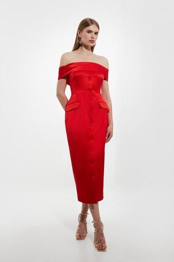 Red Italian Structured Rib Bardot Button Through Tailored Midi Dress