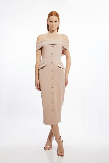 Italian Structured Rib Off The Shoulder Button Through Tailored Midi Dress rose