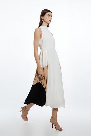 Fluid Tailored Colour Block Pleated Full Skirted Midaxi Dress ivory