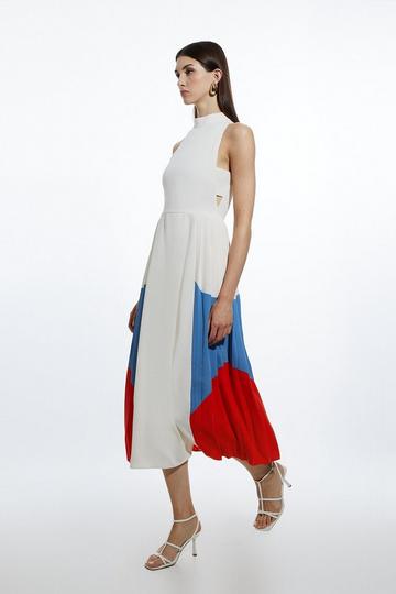 Red Fluid Tailored Colour Block Pleated Full Skirted Midaxi Dress