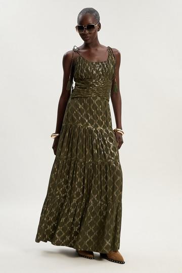 Viscose Metallic Thread Strappy Woven Sun Dress khaki