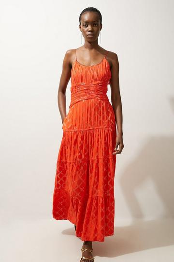 Viscose Metallic Thread Strappy Woven Sun Dress red