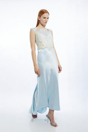 Premium Satin And Guipure Lace Woven Maxi Dress blue