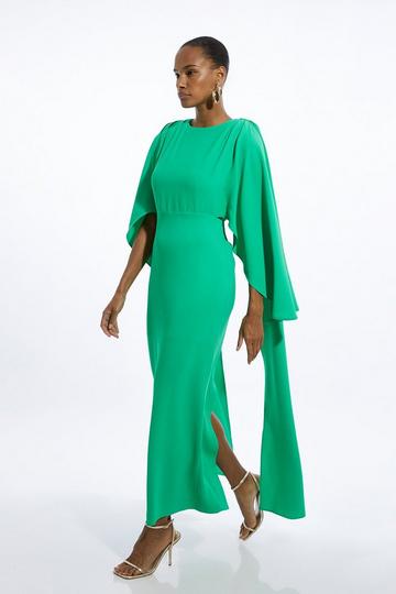 Green Compact Stretch Viscose Cape Detail Maxi Dress