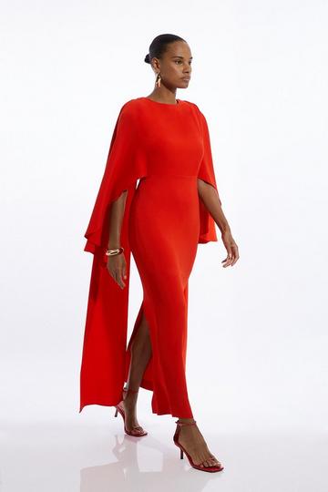 Red Compact Stretch Viscose Cape Detail Maxi Dress