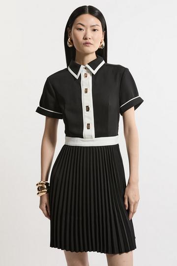 Petite Color Block Twill Pleat Skirt Woven Mini Dress black