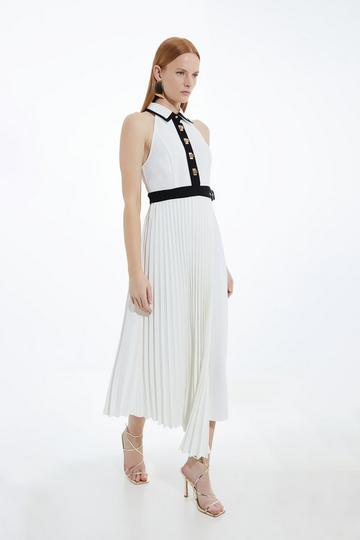 Colour Block Twill Pleat Wrap Skirt Woven Midi Dress ivory