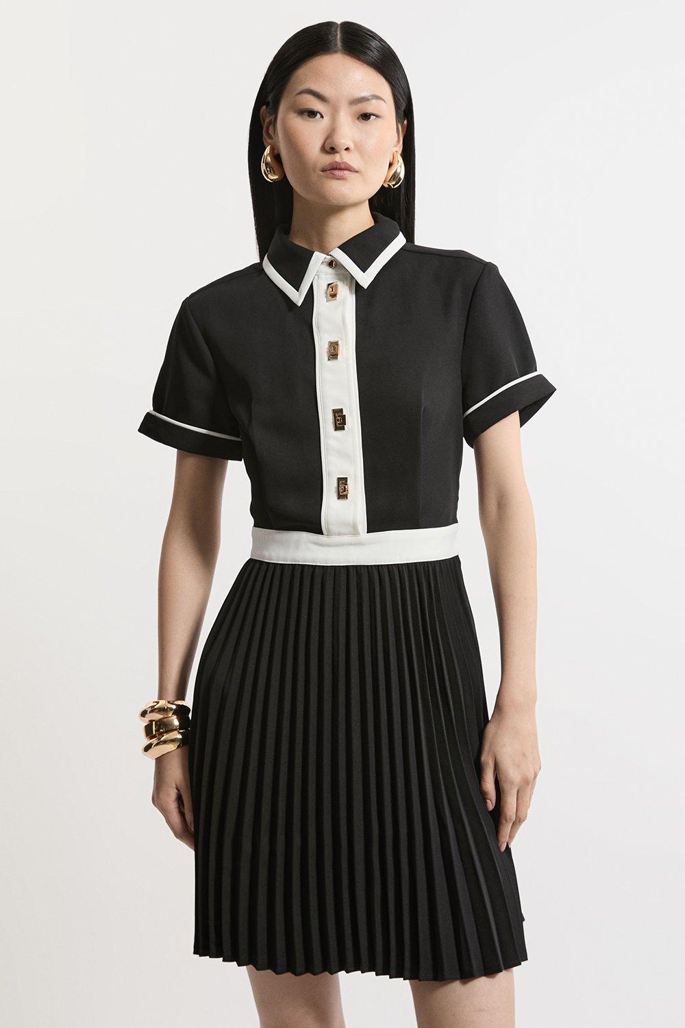 Colour Block Twill Pleat Skirt Woven Mini Dress