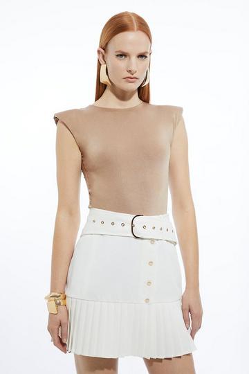 Twill Woven Belt Detail Pleated Mini Skirt ivory
