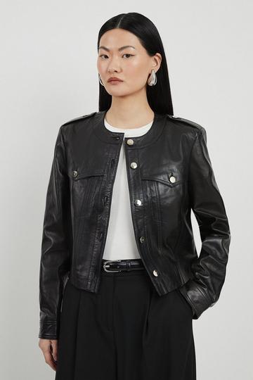 Black Leather Button Collarless Jacket
