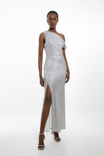 Tall Premium Metallic Ruched One Shoulder Maxi Dress silver