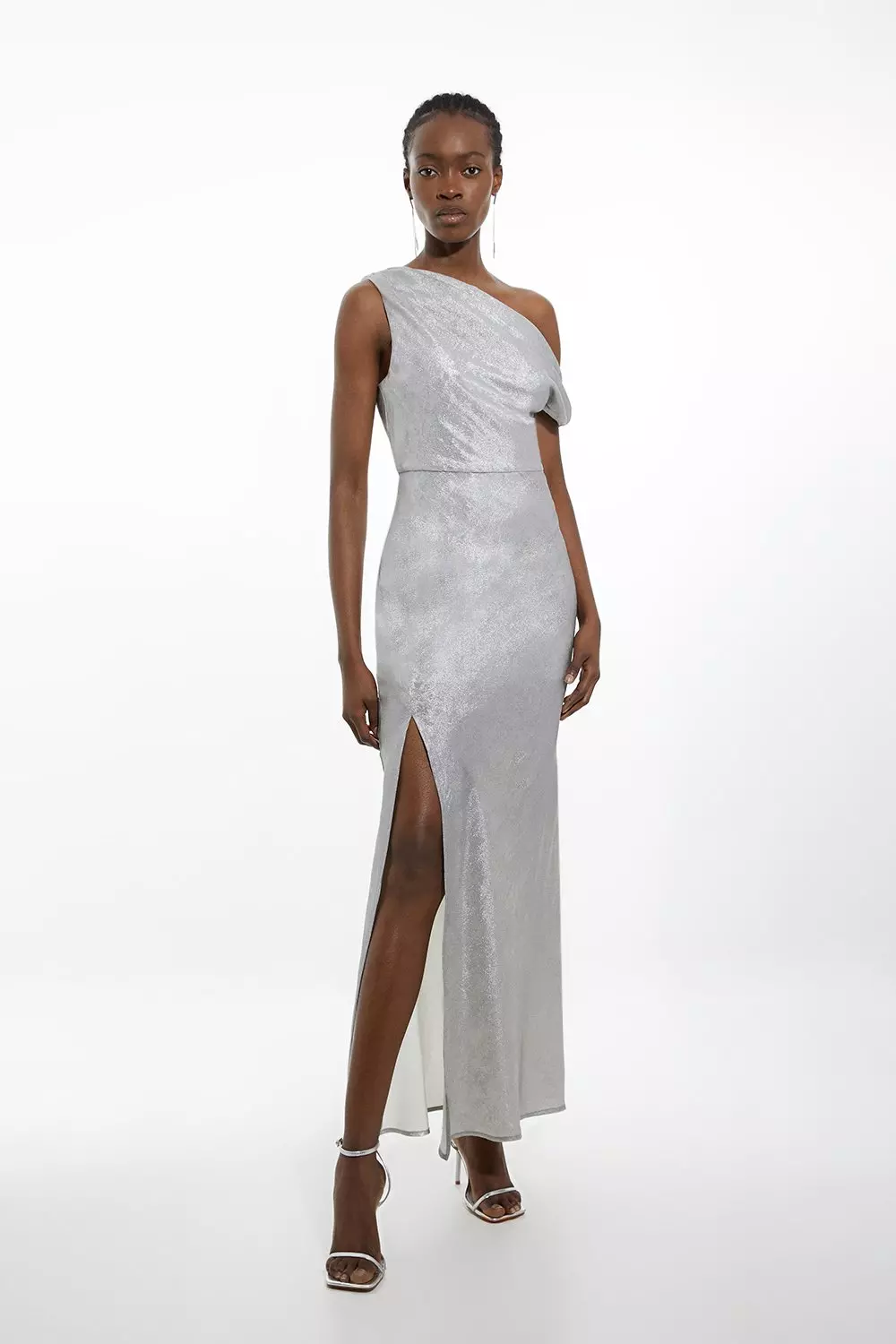 Silver Tall Premium Metallic Ruched One Shoulder Maxi Dress alternative image