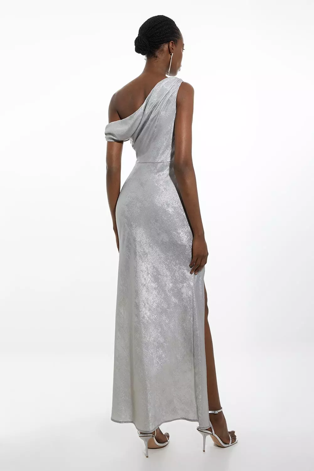 Petite Premium Metallic Ruched One Shoulder Maxi Dress