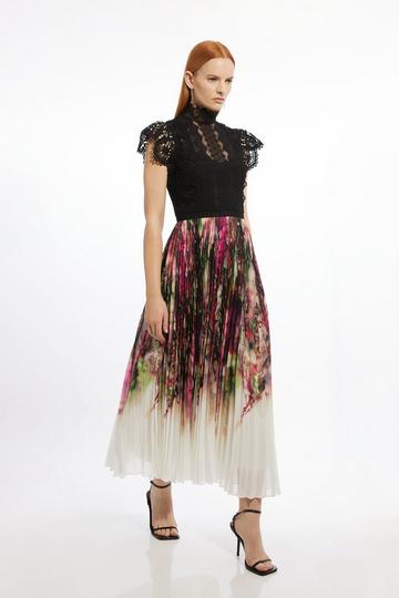 Purple Guipure Lace Floral Printed Pleated Woven Maxi Dress