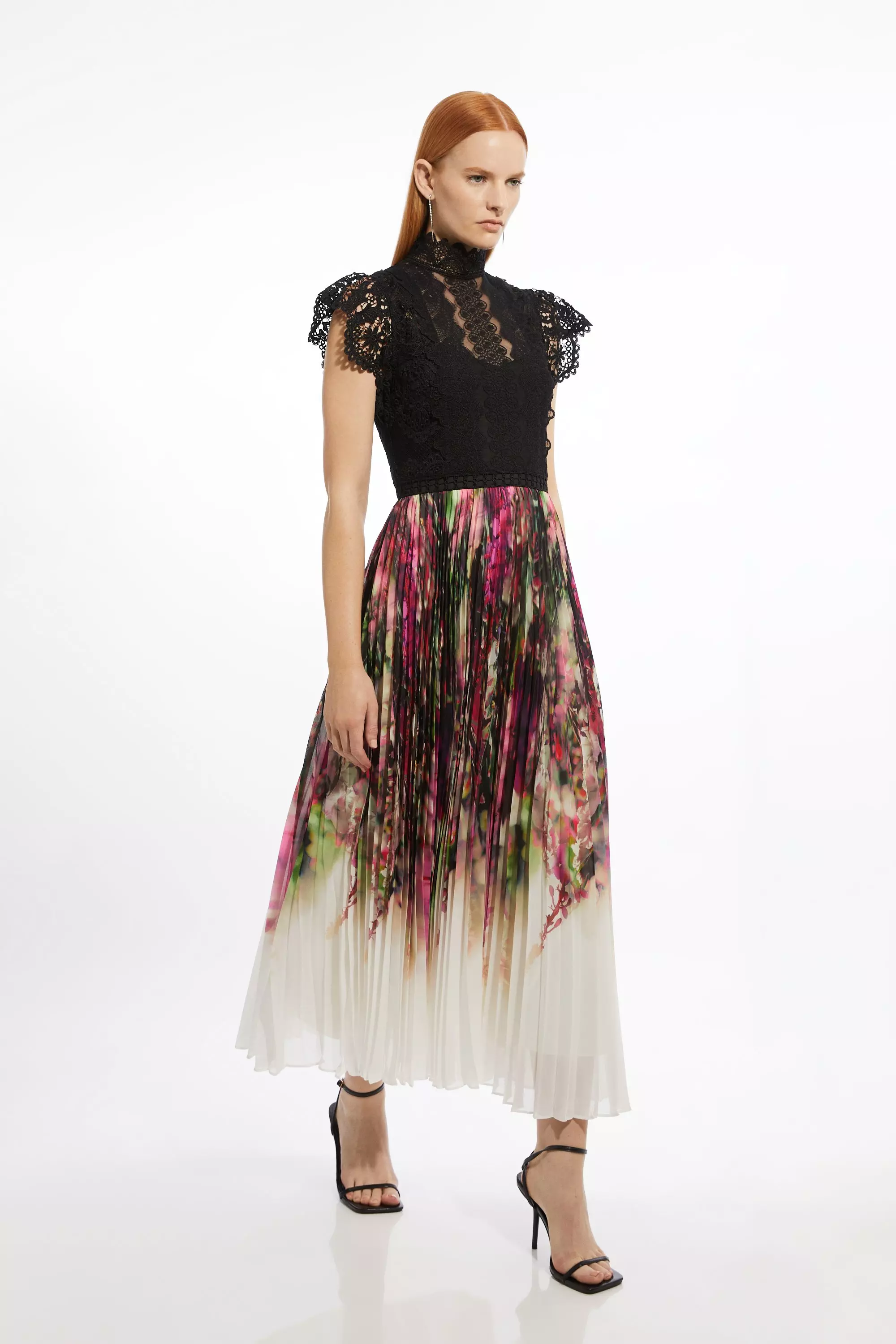 Guipure Lace Floral Printed Pleated Woven Maxi Dress Karen Millen