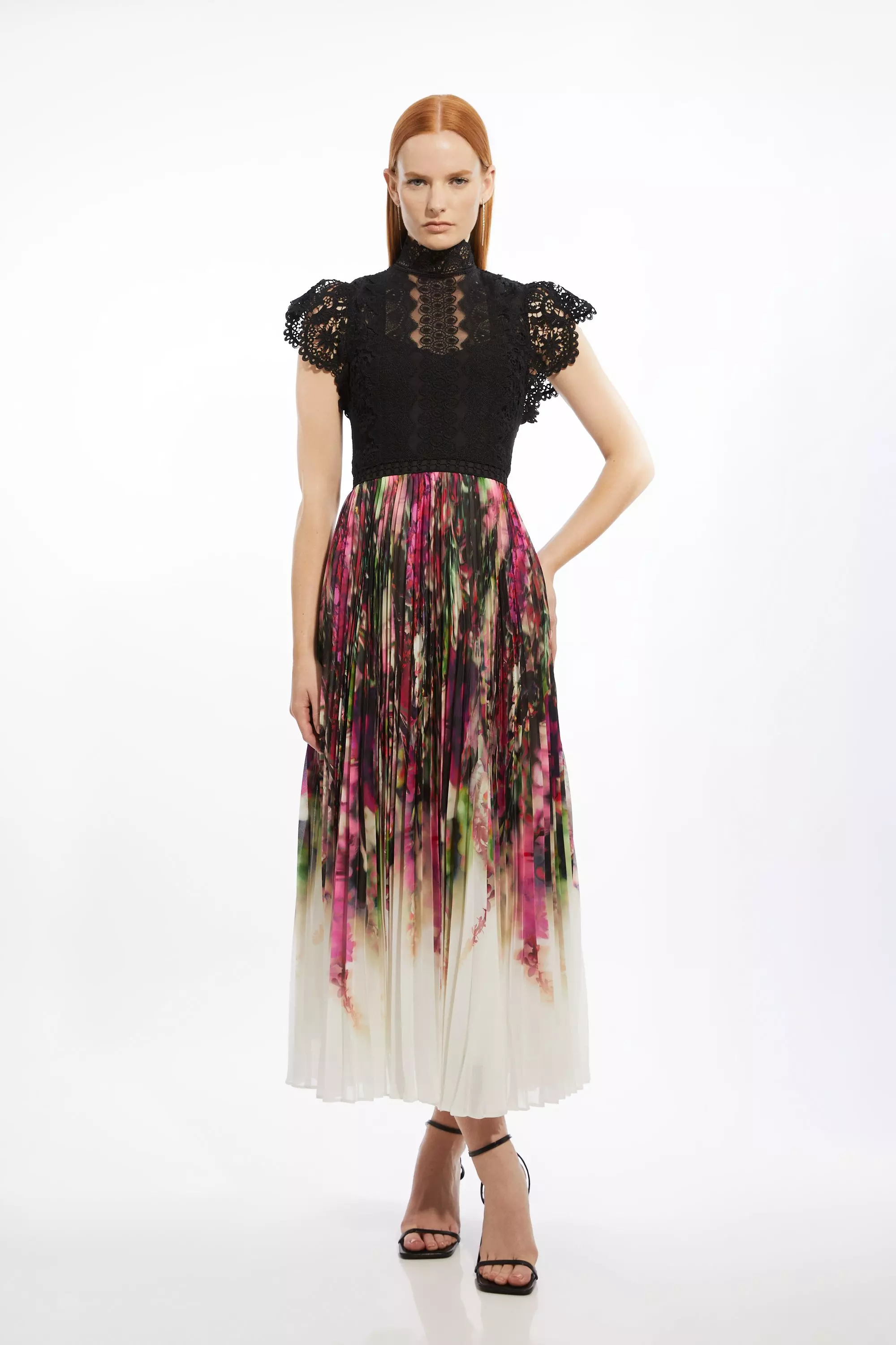 Guipure Lace Floral Printed Pleated Woven Maxi Dress | Karen