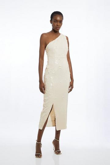 White Layered Sequin One Shoulder Woven Split Midi Dress