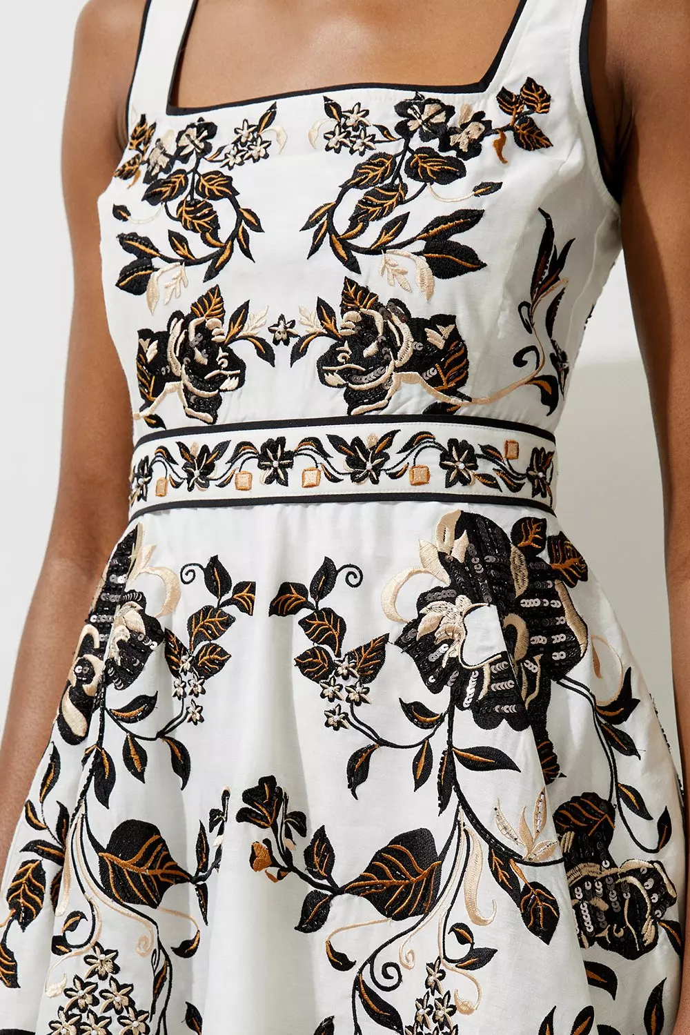【KAREN MILLEN】花柄刺繍コットンリネン織りミニドレス Cotton Embroidery Woven Mini Dress | Karen Millen