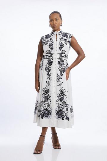 Plus Size Cotton Embroidery Woven Button Up Midi Dress mono