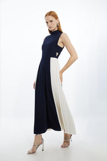 Soft Tailored Colourblock Pleated Panel Midaxi Dress navy