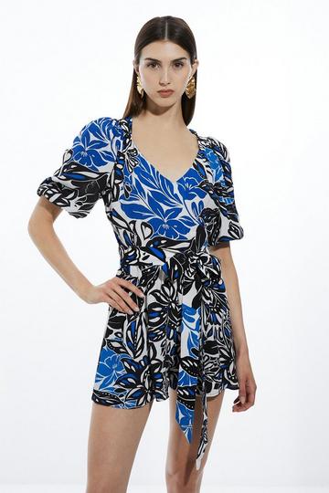 Floral Printed Morocain Woven Balloon Sleeve Playsuit floral