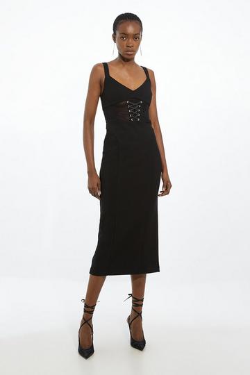 Black Figure Form Corset Detail Woven Strappy Midi Dress