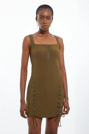 Petite Figure Form Laced Detail Woven Mini Dress olive