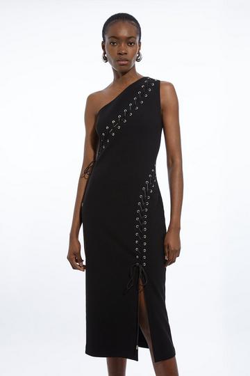 Black Figure Form Laced Detail Woven One Shoulder Midi Dress