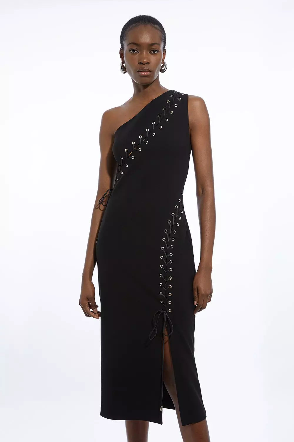 Black one shoulder midi dress sale