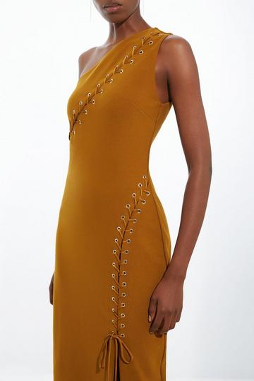 Petite Figure Form Laced Detail Woven One Shoulder Midi Dress caramel