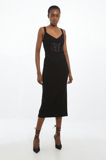 Black Petite Figure Form Corset Detail Woven Strappy Midi Dress
