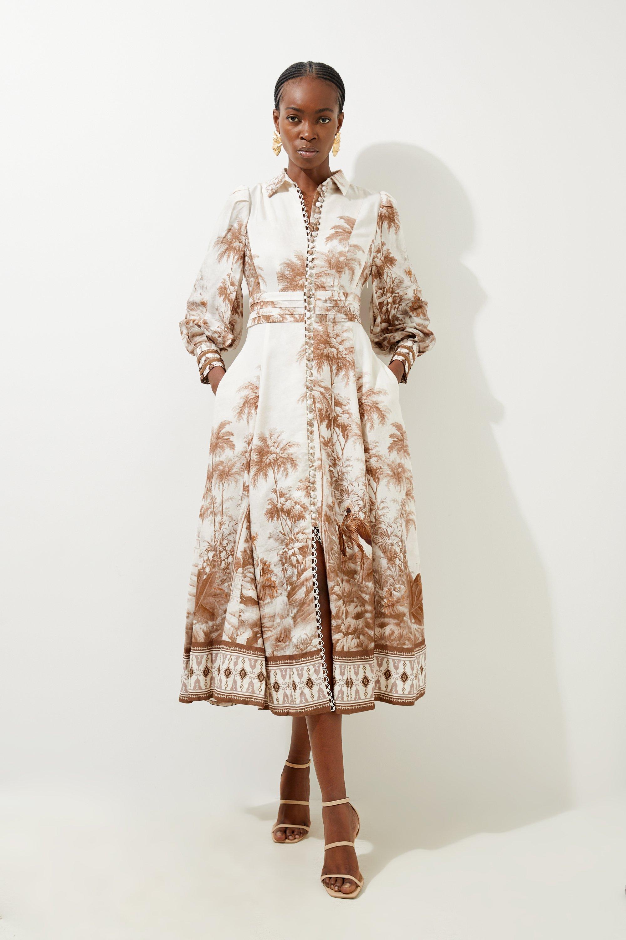 Neutral Viscose Linen Scenic Placed Print Balloon Woven Shirt Dress