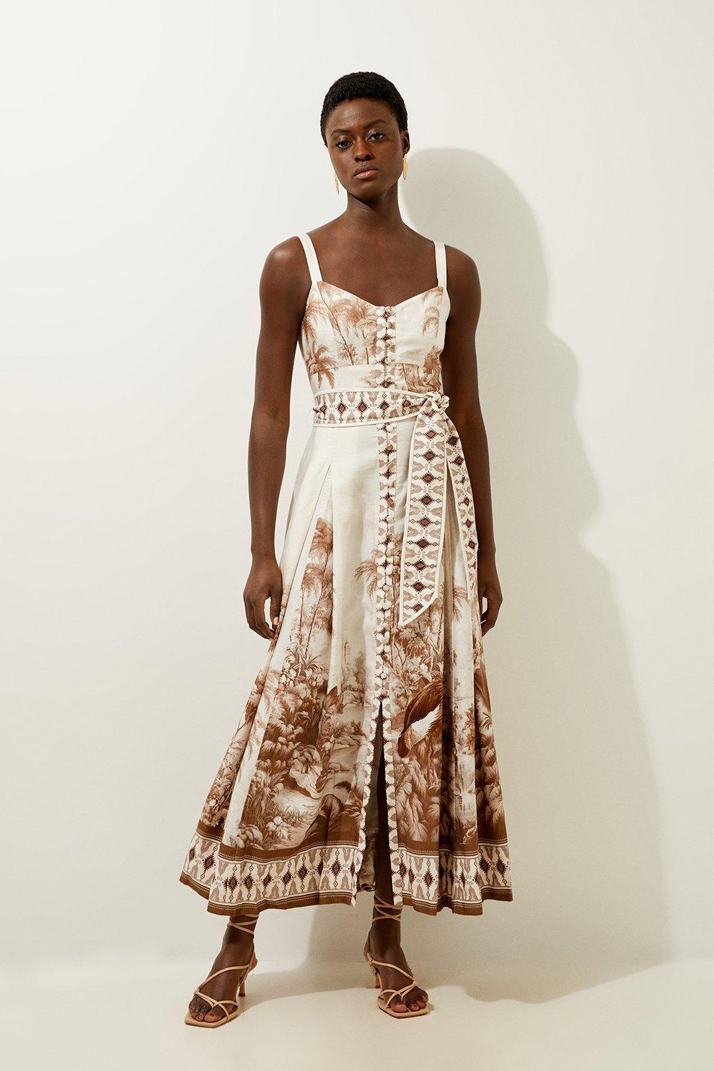 Neutral Viscose Linen Scenic Placed Print Strappy Woven Midi Dress 